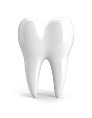 A digitally rendered, glossy white molar tooth, isolated on a white background