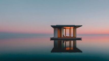 Tranquil floating pavilion on a calm body of water at sunset.