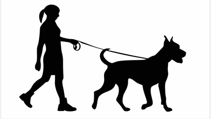 Silhouette of a woman walking a dog on a leash in a side view, both figures are in black against white background