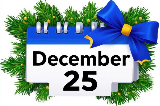 December 25th calendar, decorated with festive evergreen sprigs and a blue ribbon bow