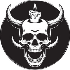 Skull with horns and candle in monochrome style perfect for Halloween designs and unique tattoo concepts