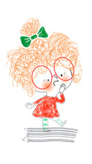 Curly Red Haired Cartoon Girl Doodle with Green Bow and Red Dress on White Background PNG
