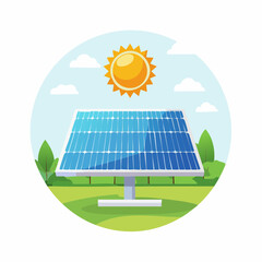 A vibrant illustration of a solar panel harnessing energy from the bright sun in a lush green field, symbolizing clean, renewable power and sustainability