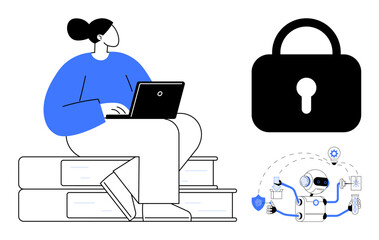 Woman working on a laptop atop books, padlock icon symbolizing security, robot handling tasks. Ideal for cybersecurity, online learning, AI, data protection, automation, productivity remote work