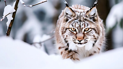 Obraz premium now nature lynx face walk winter wildlife in europe lynx in the snow snowy forest in february. 