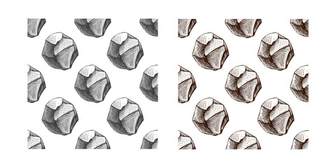 Hand drawn vintage seamless patterns set of assorted rustic stones in color and monochrome sketch style, vector illustration
