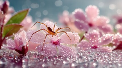Spider on dewy pink flowers