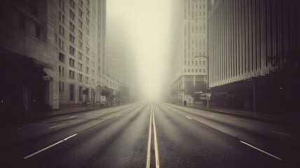 Empty city street shrouded in morning fog.