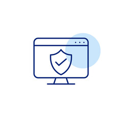 Computer monitor, shield with checkmark. Safe browsing interaction, privacy tools and secure interactions. Pixel perfect, editable stroke vector icon