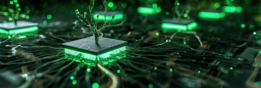 Abstract image of glowing green technology with small trees