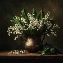 Lily of the valley bouquet in vintage vase, dark background, rustic still life, spring floral photography