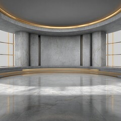 Obraz premium Empty, modern, circular room with marble walls & floor, gold accents, large windows