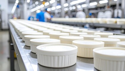 Obraz premium Freshly made, soft white cheese curds are placed in round molds, the initial step in forming the wheels before pressing and aging