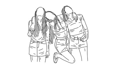 Minimalist Line Drawing of Three Friends Posing Together in Casual Outfits