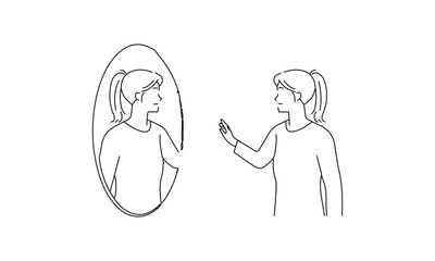 Minimalist Line Drawing of a Woman Looking at Her Reflection in a Mirror
