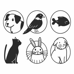 Obraz premium Pet animals icons set with dog, cat, bird, fish and rabbit isolated on white background