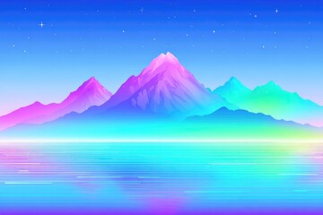 Vibrant, colorful mountain range reflecting on a tranquil, pastel-hued body of water under a starry night sky
