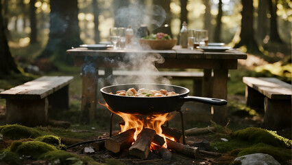 A stew is cooking over a fire pit in the forest
