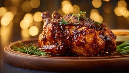Roasted chicken glazed with brown sauce, rosemary garnish on wooden platter. Festive bokeh background