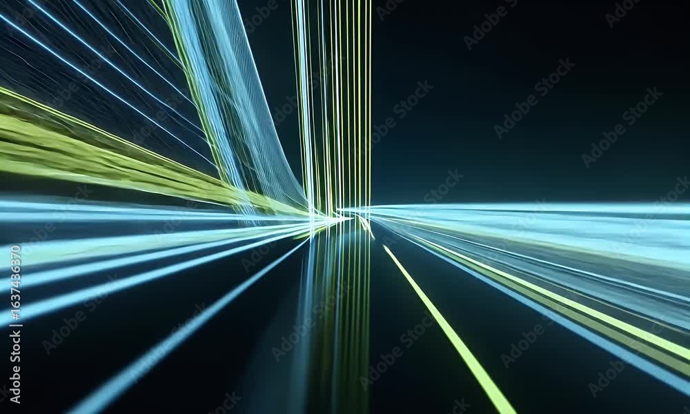 Wall mural a 3d rendering of an abstract background with light green and blue neon lines, creating a dynamic mo
