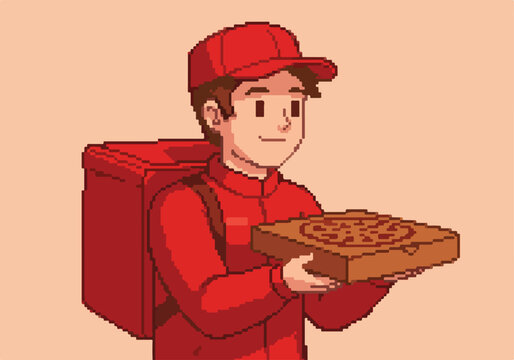Pixel art Deliverer holds pizza in box. Vector for game, app. Solid ground base