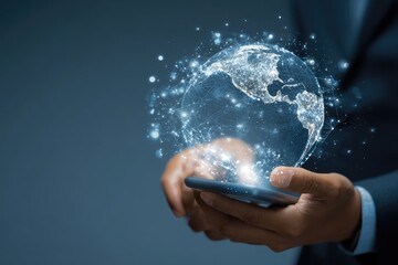 A person holds a phone, and a holographic, digital representation of Earth appears over it