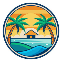 Vector art of tropical beach scene with palm trees and a hut at sunset, evoking a sense of paradise and vacation