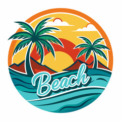 Fototapeta premium Vector art of circular emblem with two stylized palm trees and the word beach set against a colorful sunset over the ocean, symbolizing a tropical summer holiday