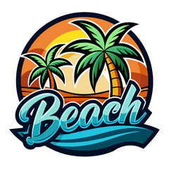 Fototapeta premium Vector art of circular emblem featuring palm trees and ocean waves with the word beach in bold lettering under a sunset sky