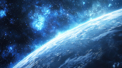 A vast, blue expanse of space with a planet-like structure and a bright, glowing light source in the foreground.