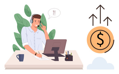 Professional call center employee in headset working at desk. Rising dollar and arrows convey financial growth. Ideal for business, customer service, productivity, revenue, sales, support, simple