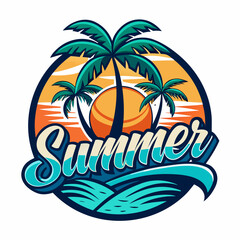 Vector art of stylized summer beach emblem featuring silhouetted palm trees against a vibrant sunset sky and ocean waves, symbolizing a tropical getaway and seaside enjoyment