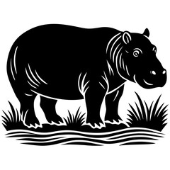 Obraz premium Stylized black silhouette of a hippopotamus standing in grass and water