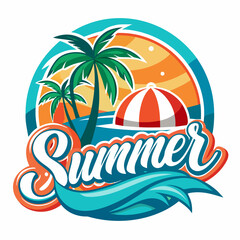 Naklejka premium Vector art of summer beach emblem featuring palm trees, ocean waves, and a striped umbrella under a colorful sunset, ideal for holiday promotion