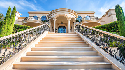 Obraz premium Grand entrance of an elegant residence with lush surroundings, conveying timeless luxury and serene beauty.