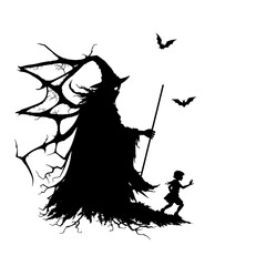 a witch's silhouette chasing a child through a haunted forest