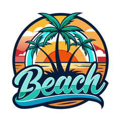 Obraz premium Vector art of stylized beach emblem with palm trees, a vibrant sunset over the ocean, and the word beach in a flowing script, evoking tropical holidays
