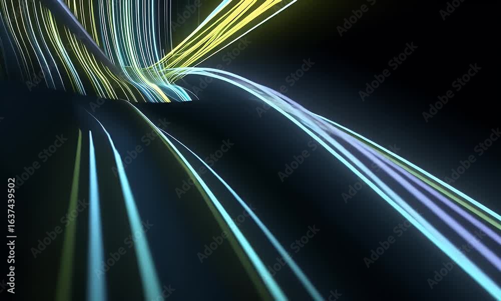 Wall mural a 3d rendering of an abstract background with light green and blue neon lines, creating a dynamic mo