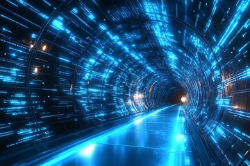 Futuristic glowing tunnel with blue digital lights creating a sense of high speed travel and advanced technology