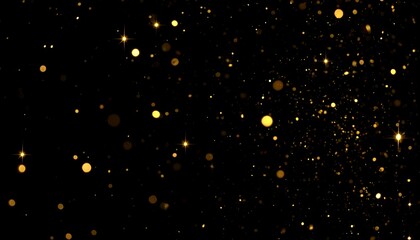 Abstract image of gold particles on a black background, varying in size and brightness, creating a sparkling effect