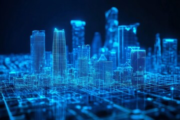 Futuristic wireframe cityscape glowing with blue neon lines representing advanced digital architecture and smart urban planning