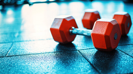 Three red hexagonal dumbbells on a gym floor with a blue and white tiled background.