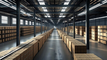 Vast Warehouse Interior Filled With Cardboard Boxes and Industrial Lighting