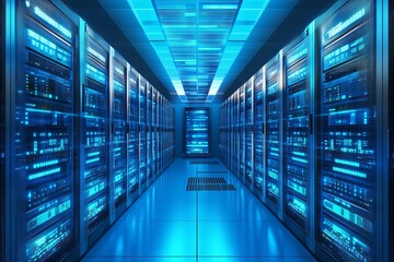 Futuristic data center corridor with rows of glowing blue server racks