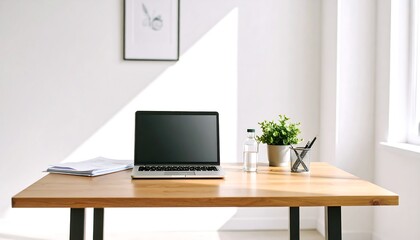 Fototapeta premium Modern workspace, laptop on a desk, sunlight