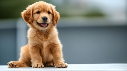 Golden retriever puppy with bright eyes sits calmly, radiating innocence and warmth.