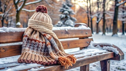 Photo of winter scene with knitted hat and scarf on a snowy bench in a park, cold season landscape with christmas trees and frosty weather