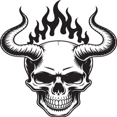 Striking skull illustration with fiery crown and dramatic horns for edgy designs and Halloween themes