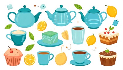 Collection of tea-themed cartoon illustrations