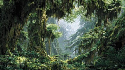 Misty rainforest valley, lush vegetation, tranquil scene, nature backdrop, ideal for travel brochures